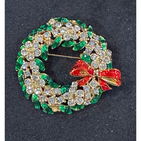 None Jewelry - Vintage Green Red Rhinestone Christmas Wreath Pin Brooch Holiday Wreath CP151